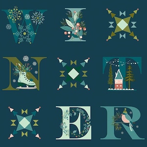 SALE Arrival of Winter Panel P13529 Navy by Riley Blake Designs - Letters Icons Snowflakes Skates Bird House  - Quilting Cotton Fabric