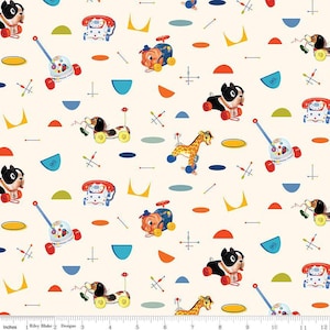 May include: A white fabric with a repeating pattern of vintage toys, including a giraffe, a dog, a phone, a car, and a rocking horse. The toys are in various colors, including red, blue, yellow, green, and orange. The background is white with a subtle texture.