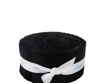 May include: A roll of black fabric strips, tightly wound and secured with a white ribbon. The ribbon is tied in a bow and features printed text. The fabric appears to be a solid color, suitable for various crafting projects.