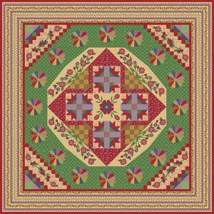 May include: A colorful quilt with a central geometric design. The quilt features a red border, green background with polka dots, and various floral and geometric patterns in red, purple, yellow, and green. The quilt is square.