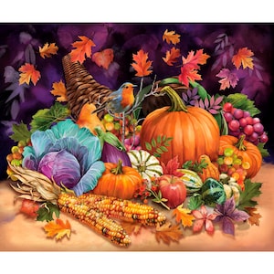 May include: A cornucopia overflowing with autumn harvest bounty. A vibrant purple cabbage, orange pumpkins, yellow corn, red apples, green grapes, and a small robin perched on a branch.