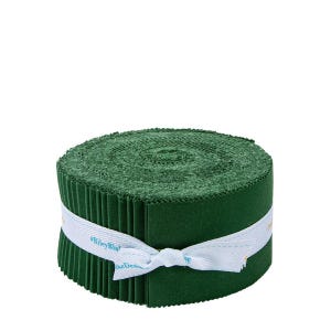 May include: A roll of dark green fabric strips, tightly wound and secured with a white ribbon. The ribbon features text and a bow. The fabric appears to be a solid color, suitable for quilting or other fabric crafts.