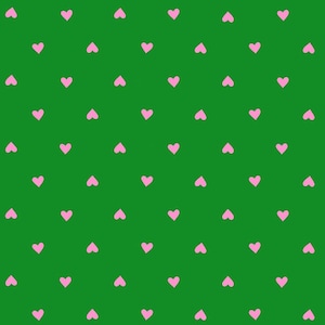 May include: A seamless pattern featuring small, pink hearts evenly spaced on a vibrant green background. The hearts are simple in design, creating a playful and cheerful aesthetic. This pattern is suitable for various applications, such as fabric design or digital backgrounds.