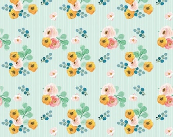 SALE Spring Gardens Bouquets C14111 Sky by Riley Blake Designs - Floral Flowers Pin Stripes - Quilting Cotton Fabric