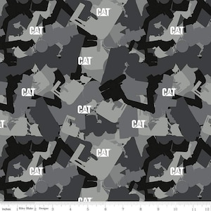 May include: Fabric with a camouflage pattern in shades of gray and black. The word "CAT" is printed in white throughout the design. The pattern includes shapes of construction equipment.