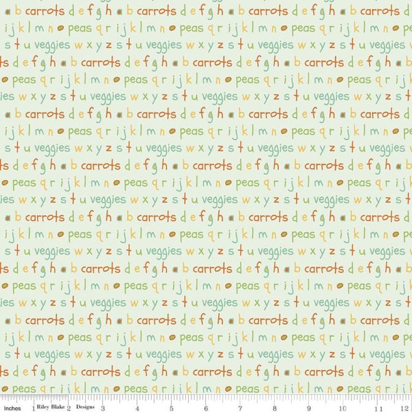 CLEARANCE Eat Your Veggies! Alphabet C11114 Mint - Riley Blake Designs - Lower Case Letters Words Green Children's - Quilting Cotton Fabric