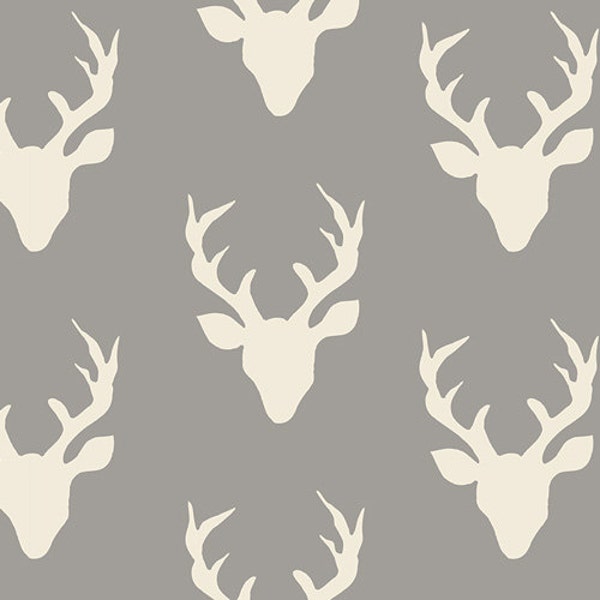 SALE Hello Bear Buck Forest Mist - Art Gallery - Gray Deer Head Antlers - Jersey KNIT cotton  fabric