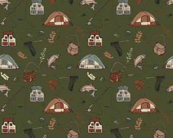 Designer Flannel Let's Wander Gone Fishing Forest Green Camping Fabric - F17504 - Riley Blake FLANNEL Cotton Fabric