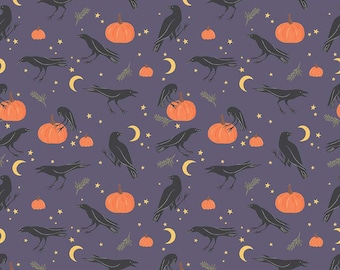 May include: A seamless pattern featuring black crows, orange pumpkins, and yellow stars on a purple background. The pattern is perfect for Halloween or fall-themed crafts.