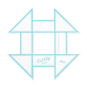 May include: White plastic quilting ruler with a blue outline and the text "Quilty Tools" and "Riley Blake Designs".