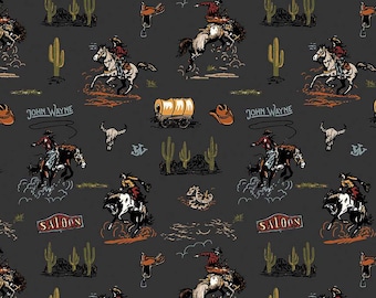 John Wayne Courage Main C14300 Charcoal - Riley Blake Designs - Western Cowboys Horses Saddles - Quilting Cotton Fabric - Licensed Product