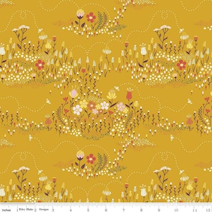 May include: A seamless pattern featuring a repeating design of stylized flowers in shades of pink, red, yellow, and white on a mustard yellow background.