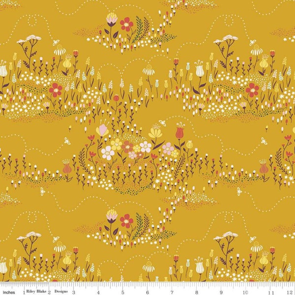 Harmony Buzzing Meadow C11092 Honey - Riley Blake Designs - Floral Flowers Bees Bee Gold - Quilting Cotton Fabric