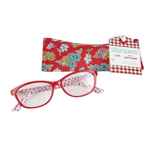 May include: Red reading glasses with a floral print case. The case has the text "Stitchy Readers with Soft Case by Lora  Holt of  Love  My  Handmade". The glasses have a +1.50 magnification.