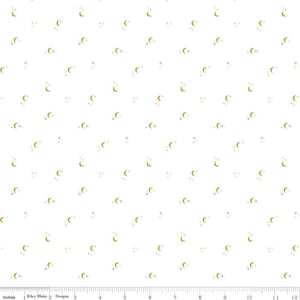 May include: White fabric with a repeating pattern of gold crescent moons and small white and blue stars.