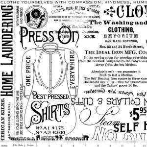 Press On Pressing Matters C15259 White - Riley Blake Designs - Vintage Iron Text Words - J. Wecker Frisch - Quilting Cotton Fabric