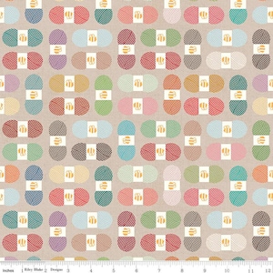 May include: A repeating pattern of colorful yarn balls with a bee icon on each ball. The background is a light beige color.