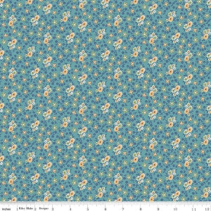 May include: A teal fabric with a repeating pattern of small white, yellow, and green flowers. The fabric is perfect for quilting, crafting, and other sewing projects.