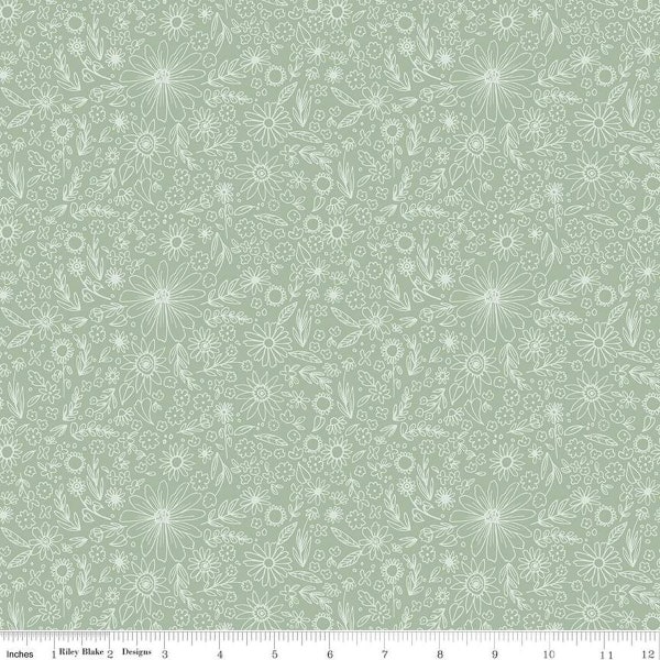 SALE Homemade Outlined Flowers C13722 Sage by Riley Blake Designs - Floral - Quilting Cotton Fabric