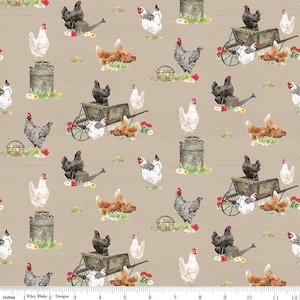 SALE Spring Barn Quilts Chickens CD14331 Tan - Riley Blake Designs - DIGITALLY PRINTED Wheelbarrows Milk Cans Baskets - Quilting Cotton