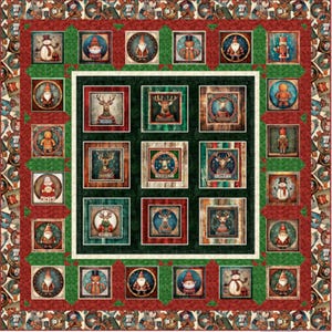 May include: A Christmas-themed quilt with a central grid of framed images featuring reindeer, gnomes, snowmen, and Santa Claus. The quilt has a red and green color scheme with a decorative border.