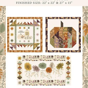 May include: Windfall pillow bundle pattern featuring three quilt designs with autumn motifs. Includes a square pumpkin block, a large pieced pumpkin, and a rectangular sunflower panel. Finished sizes are 22 inches by 22 inches and 27 inches by 15 inches.
