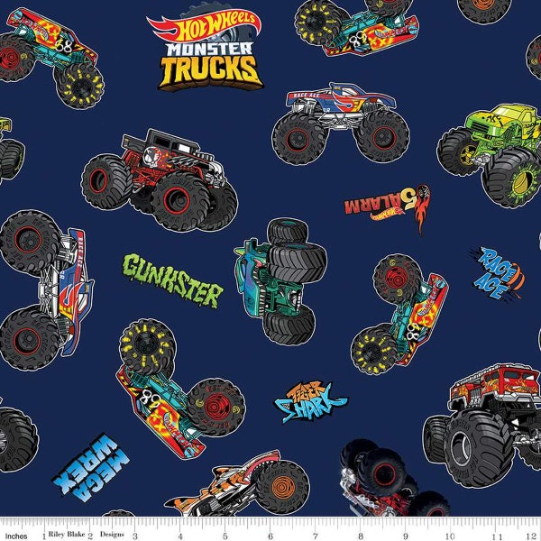 Hot Wheels Monster Trucks Main CD12950 Navy - Riley Blake Designs - DIGITALLY PRINTED Trucks Logo Text - Quilting Cotton Fabric