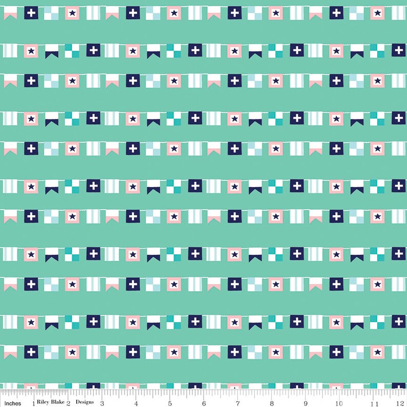 by the yard Blue Green Quilting Cotton Fabric Riley Blake Designs 6.99 SUPER SALE Seaside Flags Teal