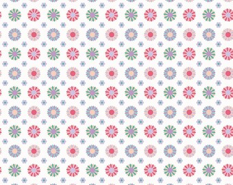 May include: A white fabric with a repeating pattern of colorful flowers. The flowers are in shades of pink, blue, and green, with smaller flowers interspersed between the larger ones. The fabric is measured in inches.