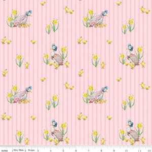 May include: A pink and white striped fabric with a repeating pattern of ducks and daffodils. The ducks are blue and white with yellow beaks and feet. The daffodils are yellow with green leaves.