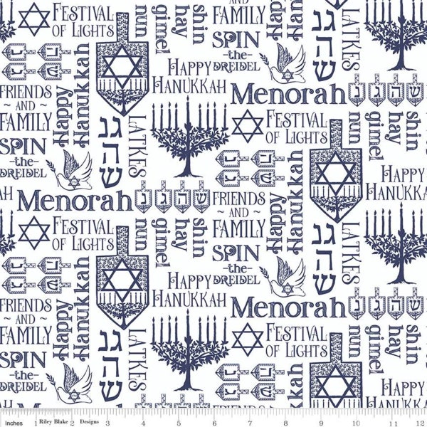 SALE Festival of Lights Symbols C9651 White - Riley Blake Designs - Hanukkah Menorah Star of David Words Text White - Quilting Cotton Fabric