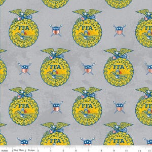 May include: A seamless fabric pattern featuring a repeating design of blue and yellow circles with the text "Agricultural FFA Education" inside. The circles are surrounded by a yellow starburst and a blue eagle with outstretched wings.