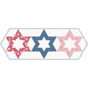 May include: A decorative table runner featuring three six-pointed stars in red floral, blue floral, and red gingham patterns. The stars are set against a white background with a light blue border, creating a patriotic or festive theme.