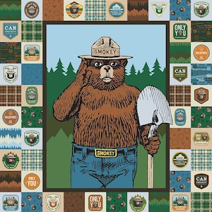 May include: A brown bear wearing a ranger hat with the word "SMOKEY" on it. The bear is holding a shovel and has a belt with the word "SMOKEY" on it. The bear is standing in front of a green forest background. The image is surrounded by a patchwork of squares with various designs, including the words "ONLY YOU" and "CAN PREVENT WILDFIRES".
