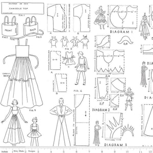 May include: A black and white fabric design featuring vintage sewing patterns and diagrams. The illustrations include camisole tops, dresses, and various garment construction diagrams. Measurements are in inches.