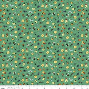 May include: Green fabric with a repeating pattern of colorful insects, including bees, beetles, and ants. The insects are in shades of yellow, orange, blue, and black, creating a playful and whimsical design. The fabric is suitable for various craft projects.