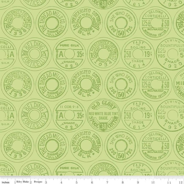 Best of She Who Sews Low Volume Spool Tops C11338 Green - Riley Blake Designs - Sewing Vintage Thread Labels - Quilting Cotton Fabric