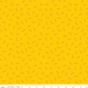 May include: Yellow fabric with a repeating pattern of the letters "FFA" in a dark gray color.