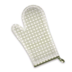 May include: An oven mitt featuring a light sage green and white checkered pattern. The surface is covered with a raised, circular silicone grip texture. The mitt includes a small fabric loop at the bottom corner for hanging and a straight cuff.