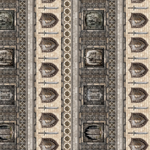DEAL Wizards & Warriors Castle Stripe 30239 Stone K - - QT Fabrics - Armor Swords  - Quilting Cotton Fabric