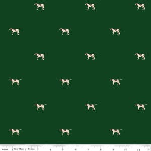 May include: Dark green fabric with a repeating pattern of dogs. Each dog is depicted in a side profile with a white body, brown spots, and a brown head. The dogs are evenly spaced across the fabric.