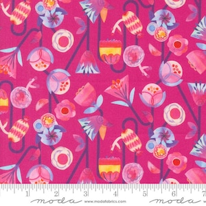 May include: Pink fabric with a repeating pattern of stylized flowers in shades of pink, orange, yellow, and blue. The flowers are connected by thin black lines. The fabric is measured with a ruler in inches.