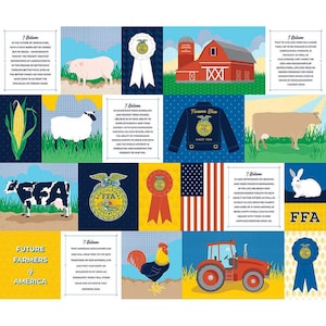 May include: A colorful collage of images representing the Future Farmers of America (FFA) organization. The collage includes a red barn, a blue jean jacket with the FFA logo, a rooster, a tractor, a cow, a pig, a rabbit, and a corn stalk. The text "Future Farmers of America" is featured in the bottom left corner. The text "7 Believe" is featured in several of the squares, along with the FFA logo and the year 1928.
