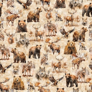 May include: A repeating pattern fabric featuring watercolor illustrations of North American wildlife including brown bears, wolves, moose, deer, foxes, owls, and bald eagles set against a textured, light tan, parchment-like background.
