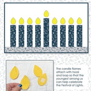 May include: Hanukkah Interactive Menorah Quilt Pattern, finished size 30" x 18". The quilt features a menorah design with blue candles decorated with dreidels and stars, and yellow flame appliqués.