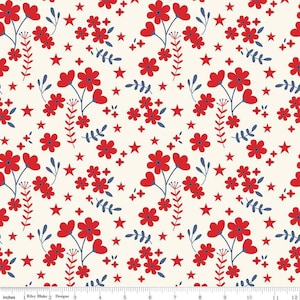 May include: A seamless pattern featuring red and blue flowers and stars on a white background. The pattern is perfect for fabric, wallpaper, or other crafting projects.