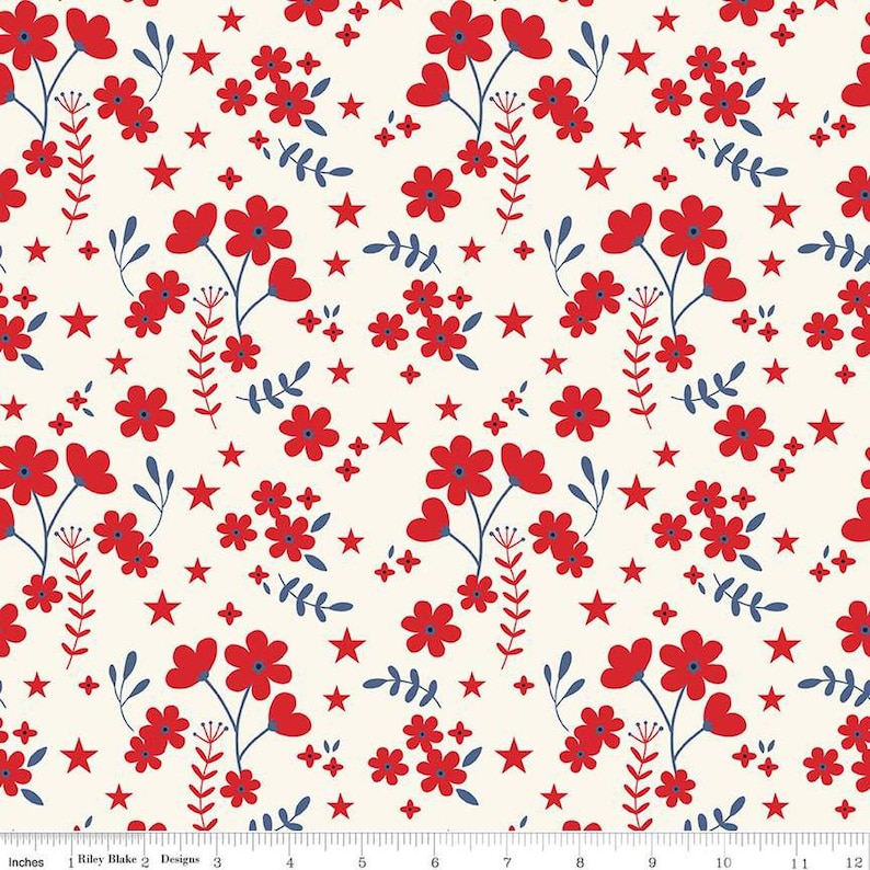 May include: A seamless pattern featuring red and blue flowers and stars on a white background. The pattern is perfect for fabric, wallpaper, or other crafting projects.