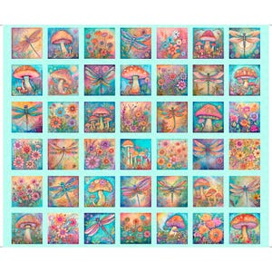 Spring Bling Butterfly Floral & Mushroom Panel 30768 Aqua Q - by QT Fabrics - Fungi Mushrooms Butterflies - Quilting Cotton Fabric