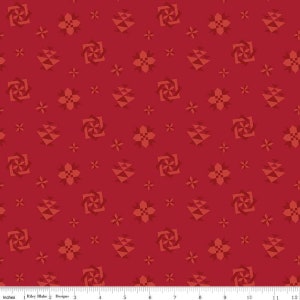 May include: Red fabric with a repeating pattern of geometric shapes in a lighter shade of red. The pattern includes stars, squares, and triangles.
