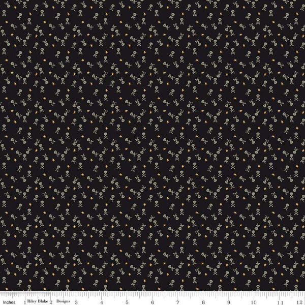 24" End of Bolt - Beggar's Night Skulls C14508 Black - Riley Blake Designs - Halloween Skulls Crossbones Stars - Quilting Cotton Fabric